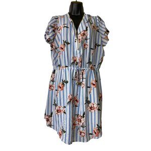 Floral &‎ Striped Dress XL Short Sleeve Tie Sleeve Detail Zipper Feminine Cute